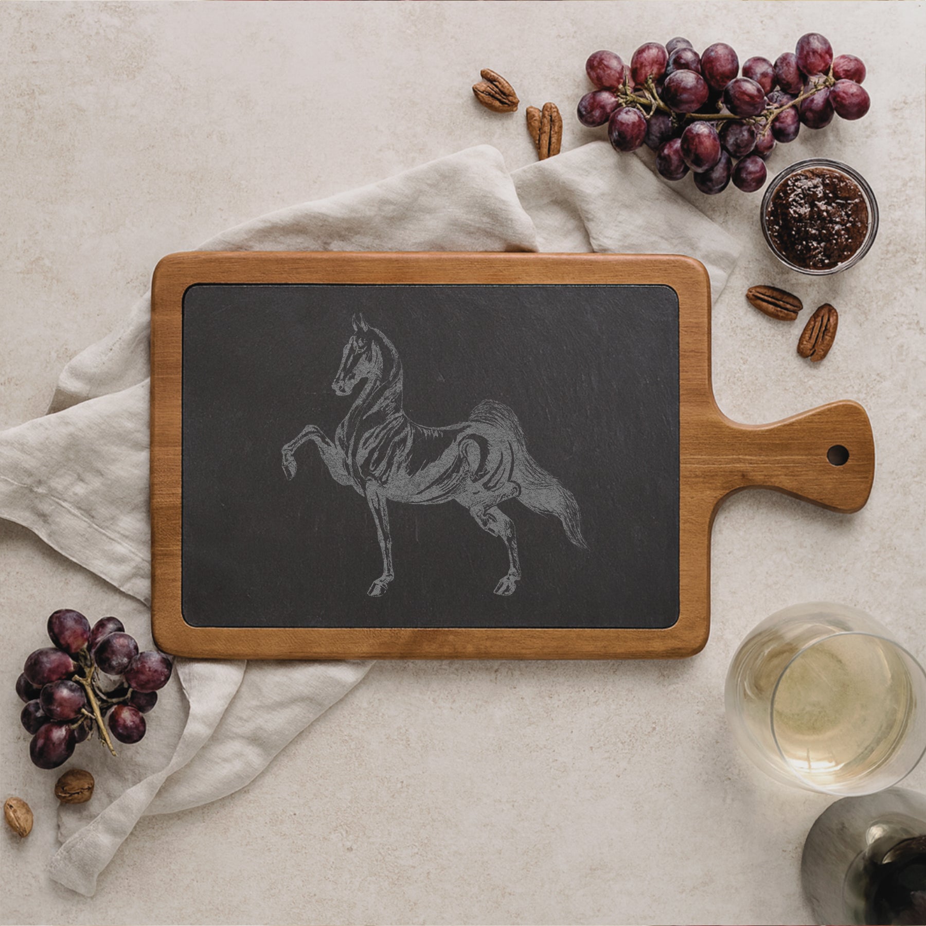 Engraved Acacia Wood & Slate Serving Board – Saddlethreads